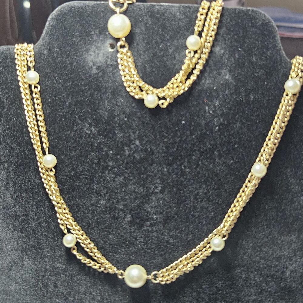 Vtg 1970s Emmons Scenario Faux Pearl Bead Gold Tone Chain Necklace Bracelet Set